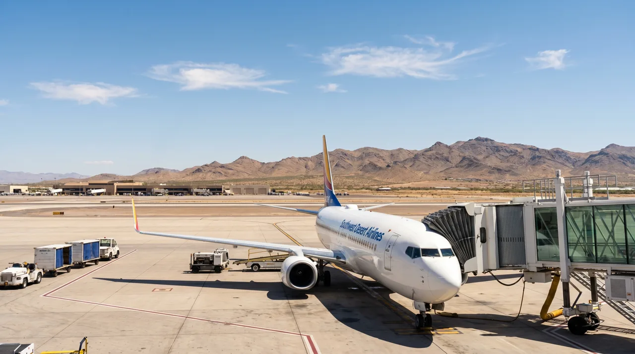 Commercial passenger jet parked on a southwestern airport tarmac with desert mountains in the distance