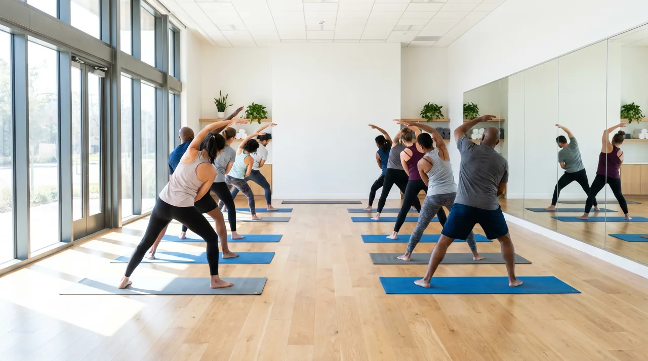 Interior of a Las Vegas community center with adults in a group fitness class bathed in natural light