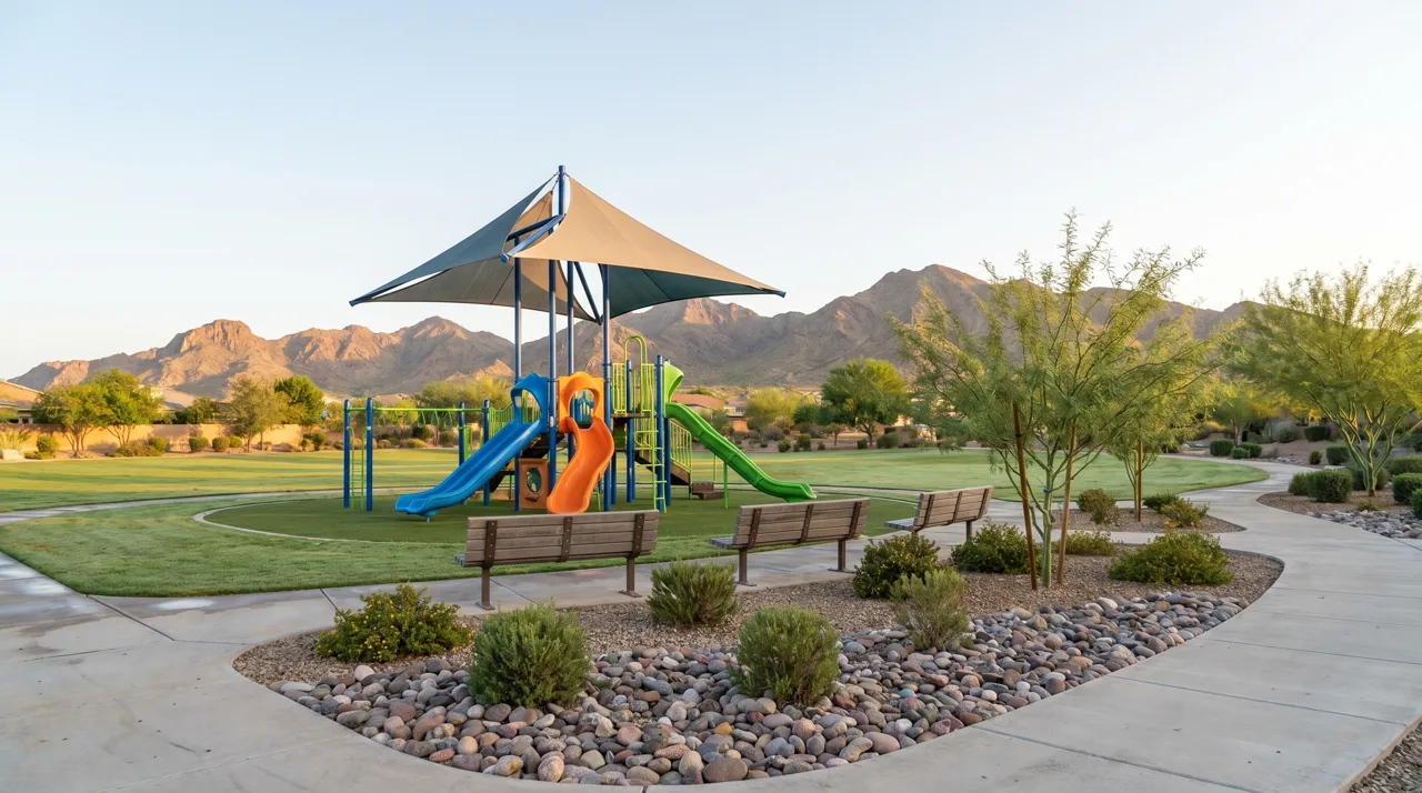 Small empty community park with a colorful playground and shade structure in a Las Vegas suburb
