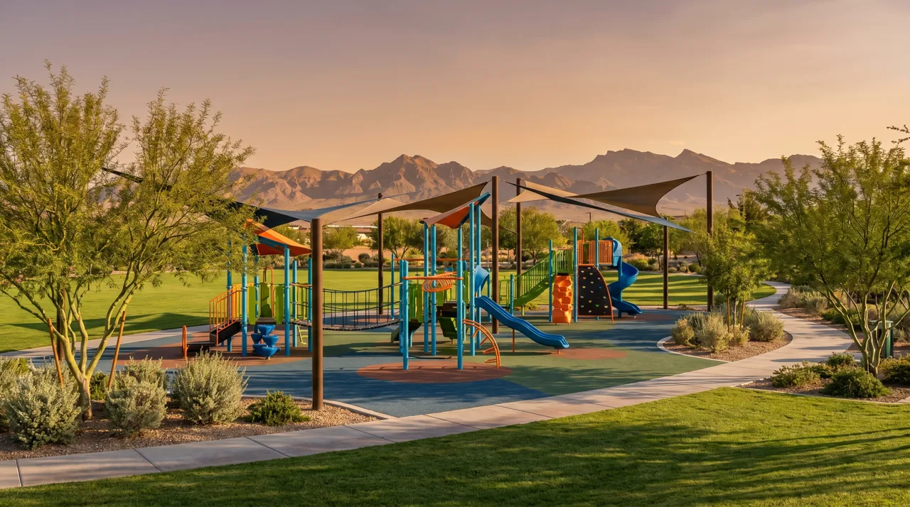 Modern community playground in a Las Vegas master-planned community park under warm late afternoon light
