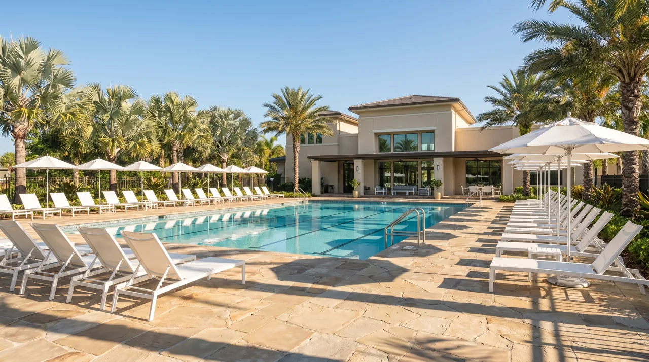 Master-planned community recreation center with a large public swimming pool surrounded by lounge chairs and palm trees