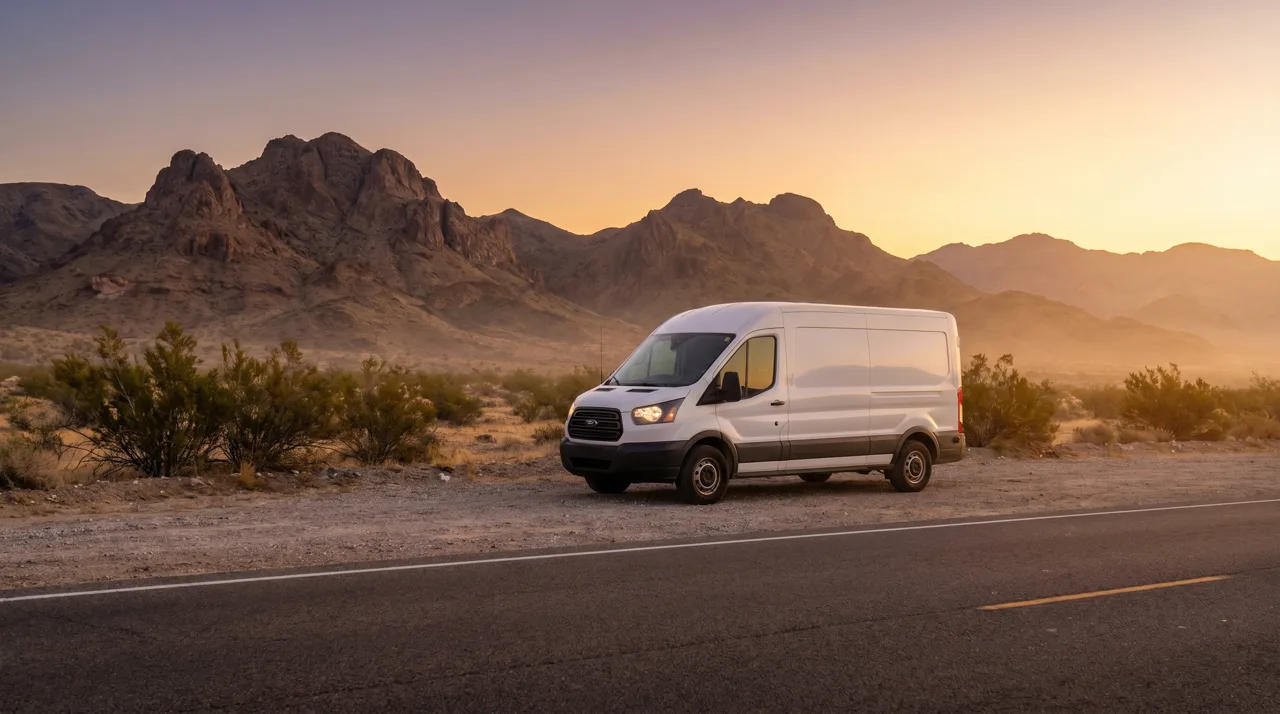 White commuter van parked at sunrise on a desert highway near Las Vegas