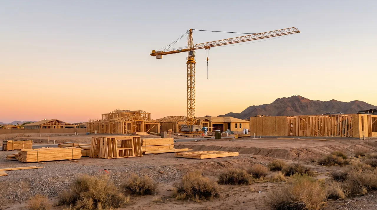 Construction crane rising above a new home development in the Las Vegas desert at sunrise