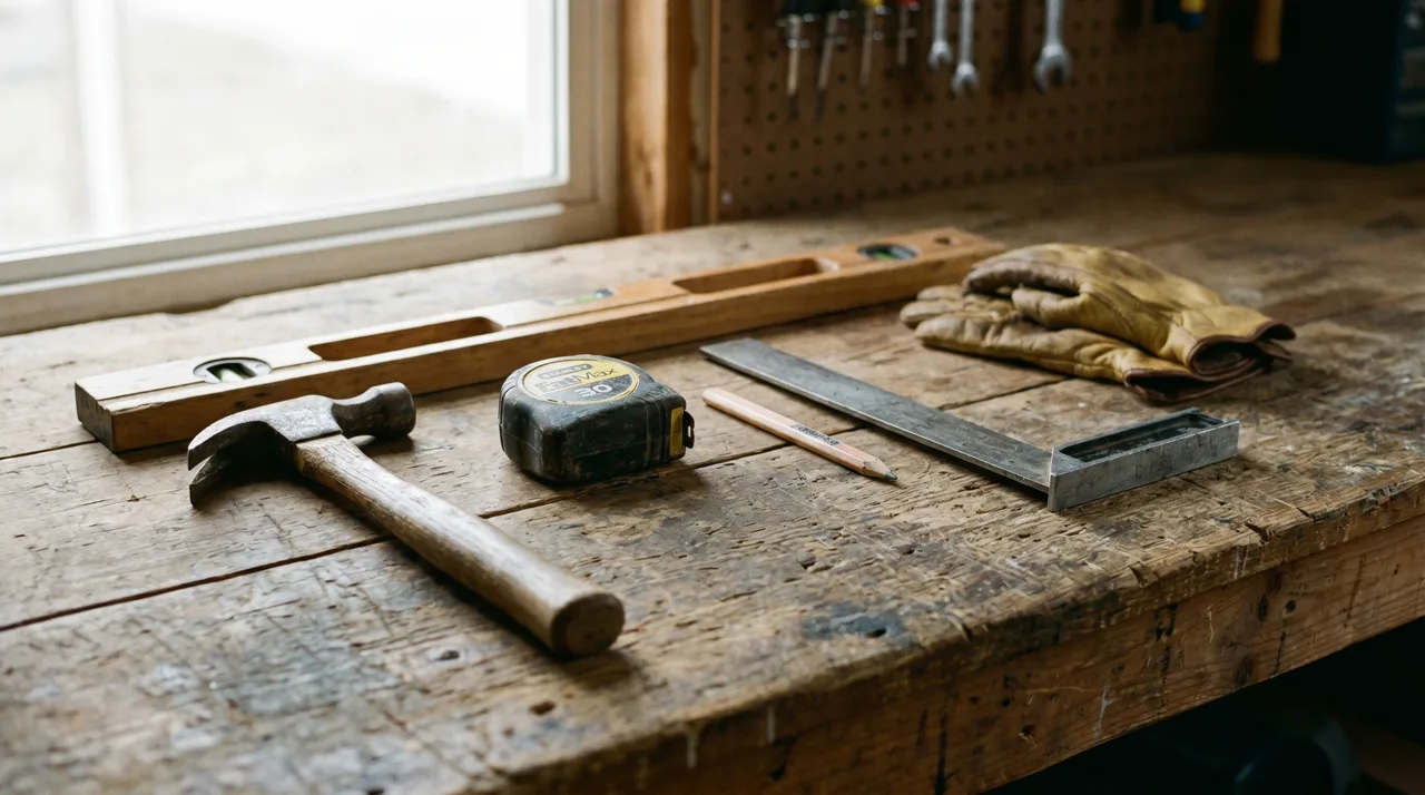 Hammer, tape measure, level, and other construction hand tools laid out on a wooden workbench