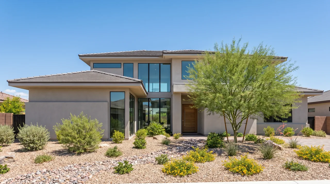 Modern contemporary stucco house with desert xeriscape landscaping in a Las Vegas neighborhood under bright sun