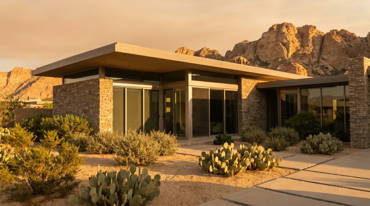 Contemporary desert modern home with walls of glass and mountain views in Las Vegas