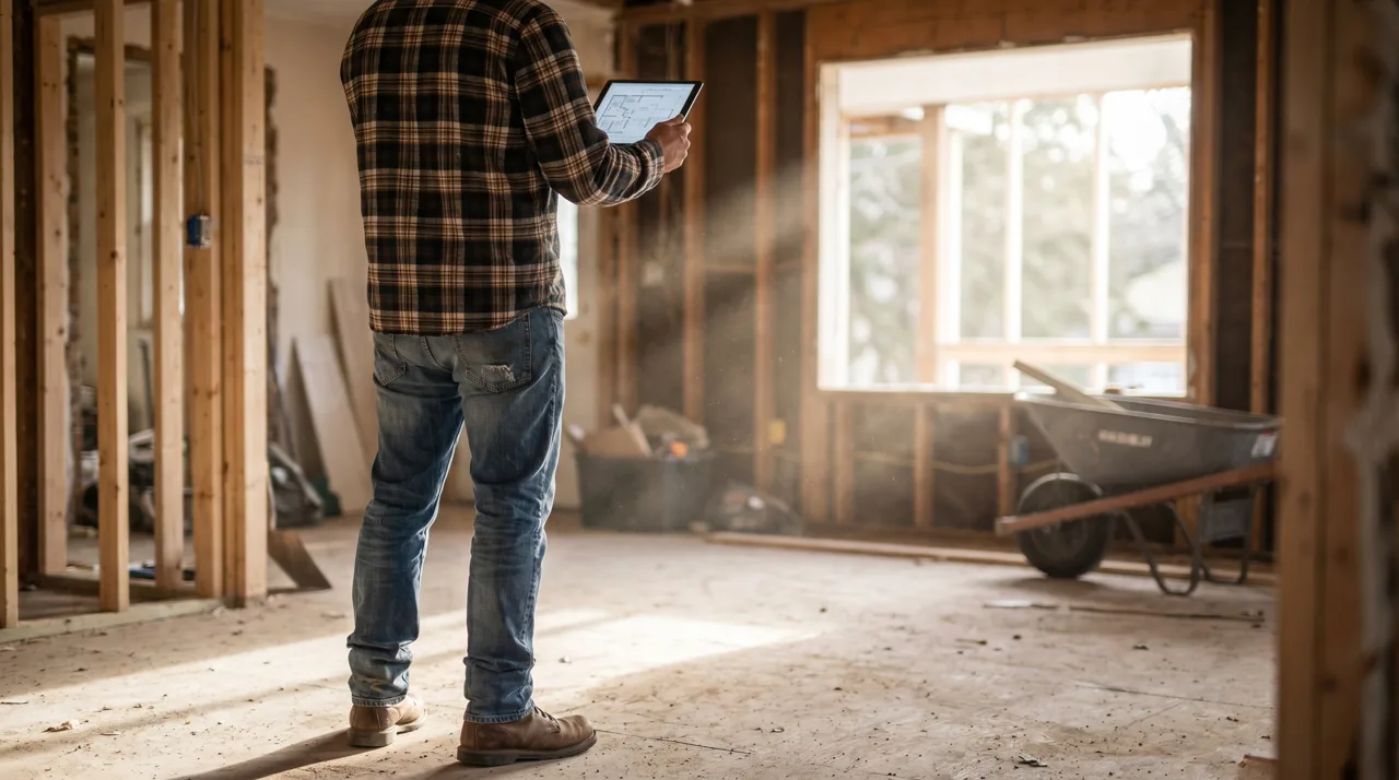 Contractor reviewing plans on a tablet inside a partially gutted home renovation with new wood framing visible