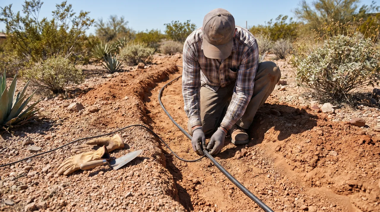 Contractor laying low-voltage lighting cable alongside drip irrigation tubing in an open trench in a desert flowerbed