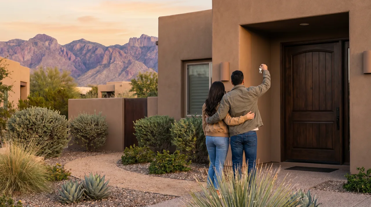 Couple seen from behind holding keys at the doorway of their new Las Vegas home with desert mountains beyond