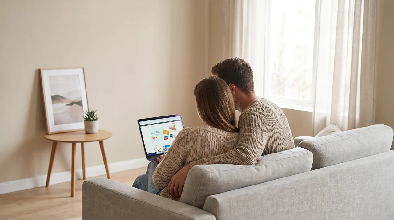 Couple sitting on a sofa looking at a laptop together in a bright modern living room