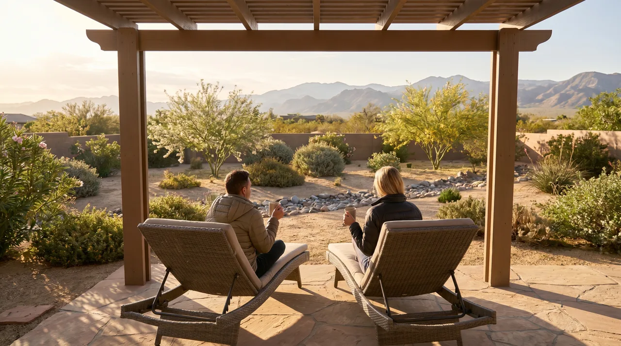 Couple seen from behind enjoying morning coffee on a covered patio with desert mountain views