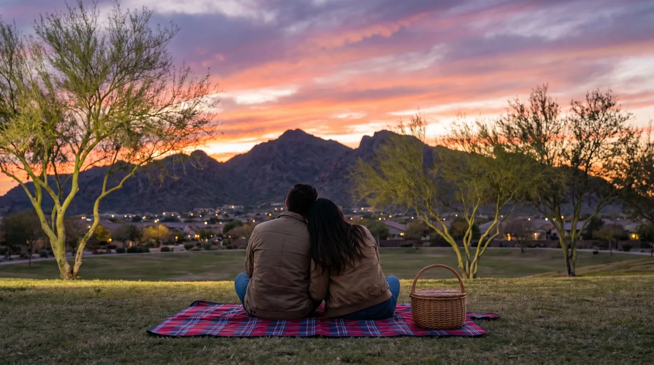 Couple sitting on a picnic blanket watching the sunset in a Las Vegas suburban park