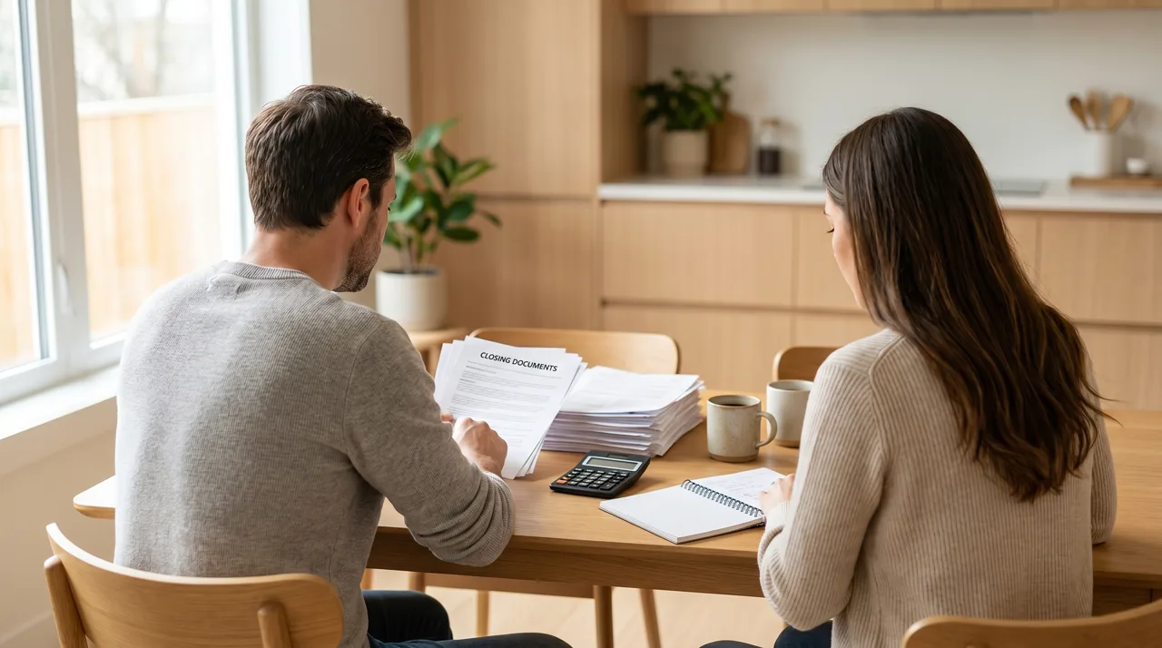 A couple at a kitchen table reviewing closing documents with a calculator