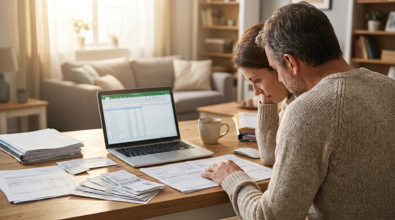 Couple seen from behind at a wooden desk reviewing financial paperwork next to an open laptop