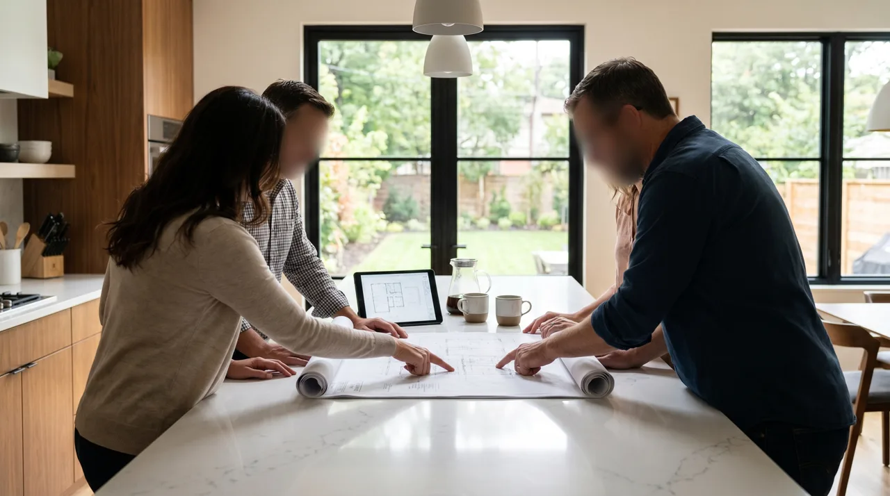 Couple reviewing printed home floor plans with a real estate agent inside a bright new home
