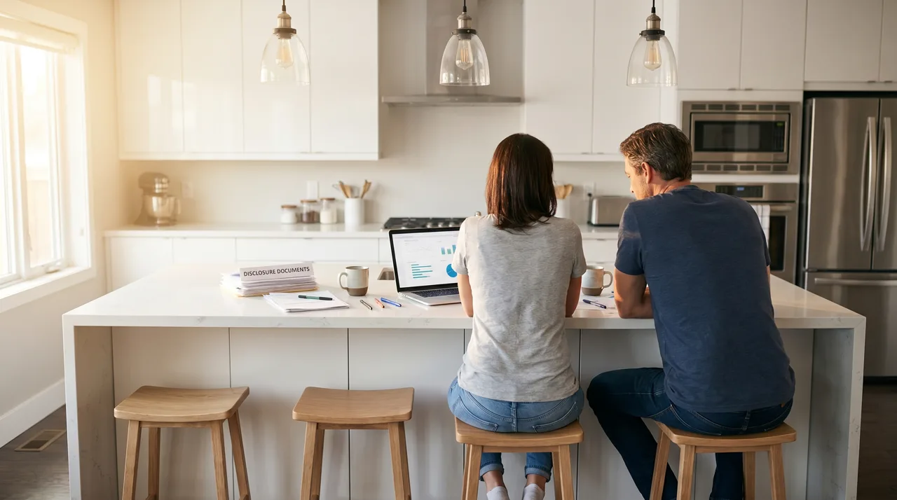 Couple reviewing HOA disclosure documents and a laptop at their kitchen counter