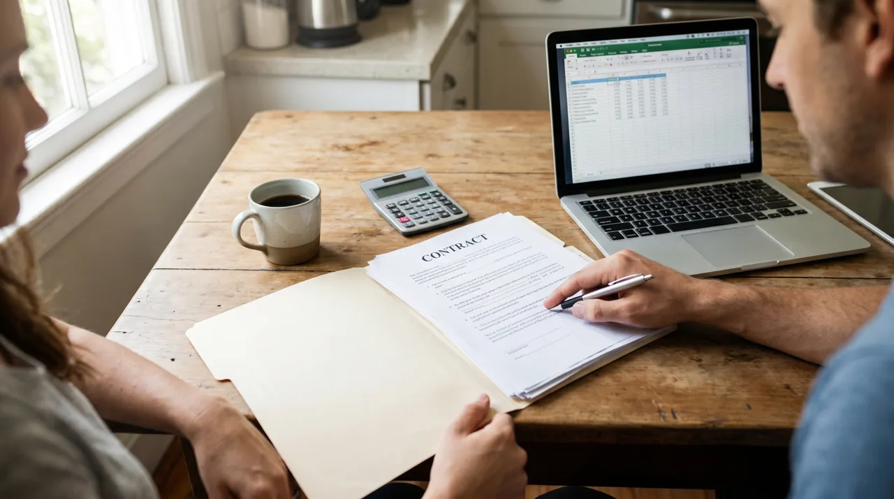 Couple reviewing home sale paperwork at a kitchen table with a laptop and real estate folder