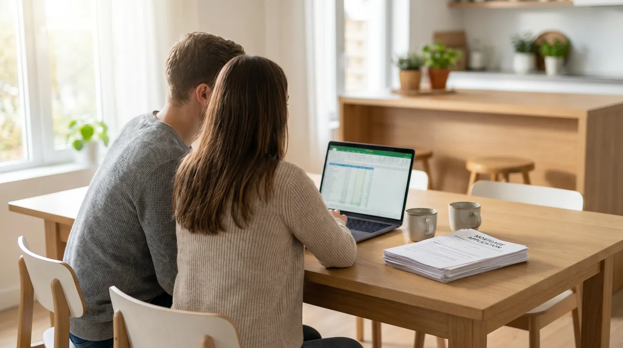 Young couple at a kitchen table reviewing mortgage documents with a laptop and coffee mugs