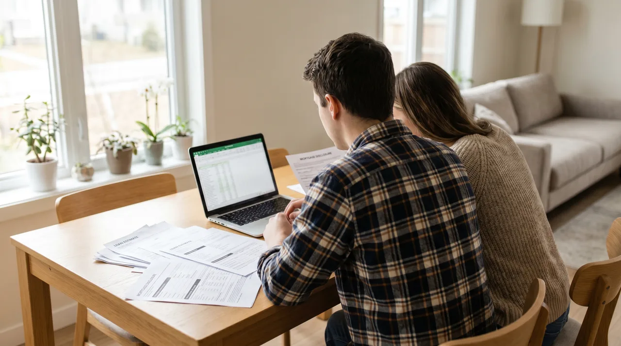 Young couple at a home dining room table reviewing mortgage documents with an open laptop