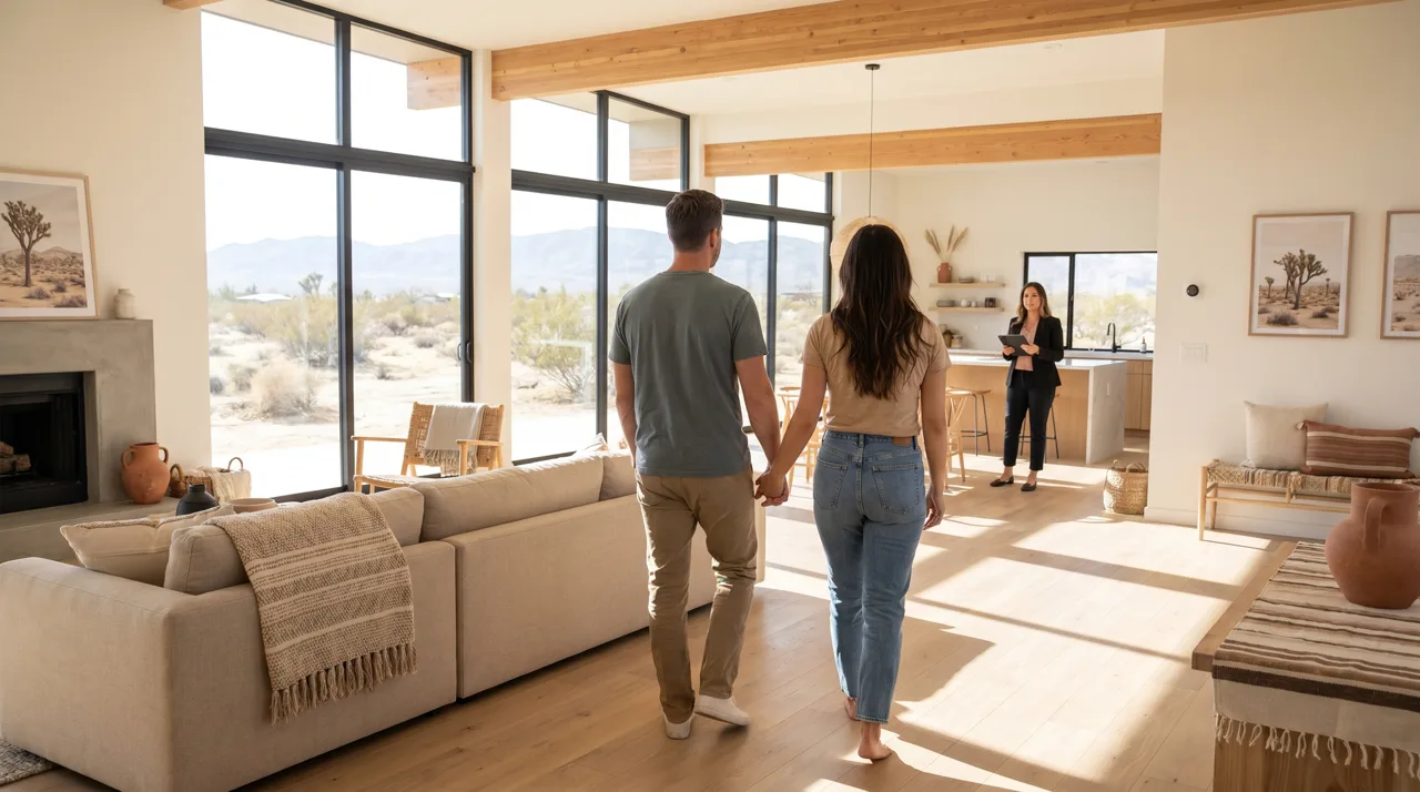 Couple seen from behind touring a bright modern model home interior with open floor plan and large windows