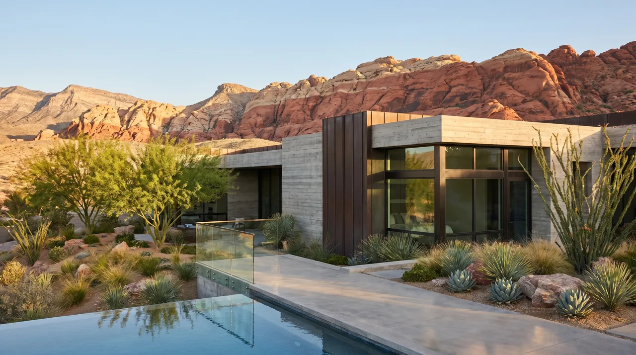 Completed modern desert custom home with infinity pool and Red Rock Canyon in the background