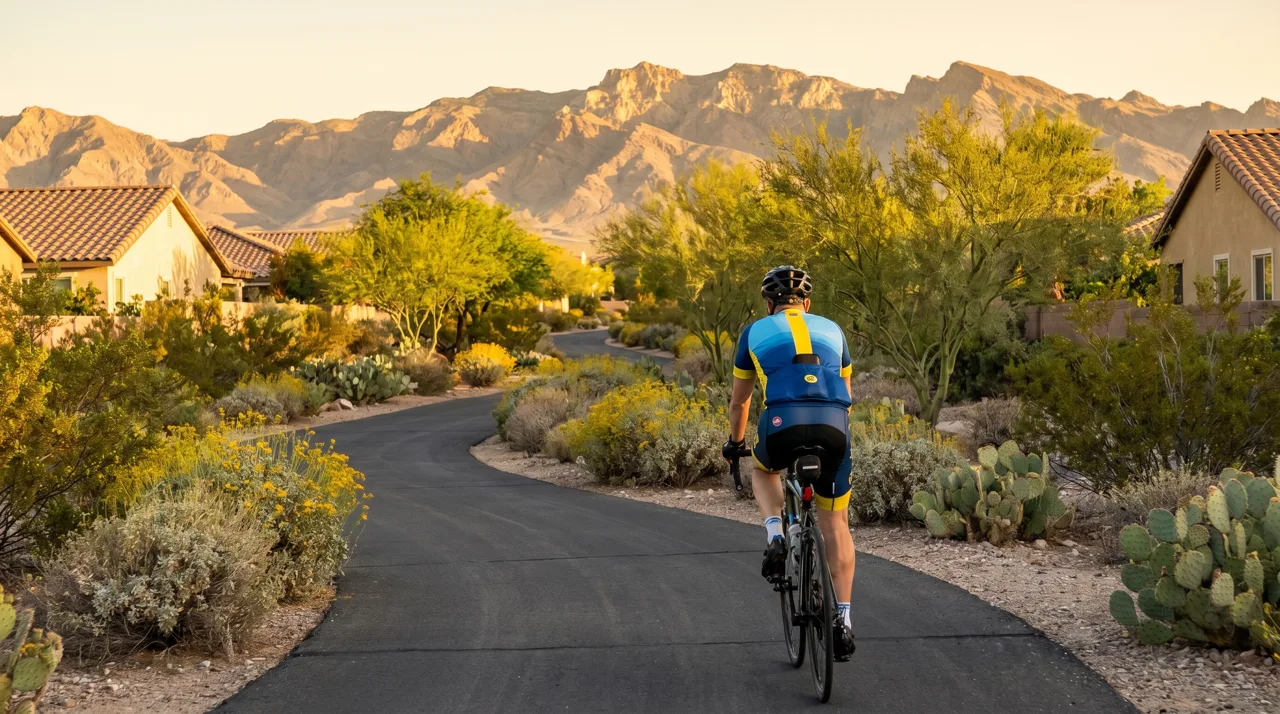 Cyclist riding a paved desert trail through xeriscaped landscaping in a Las Vegas suburb in the morning