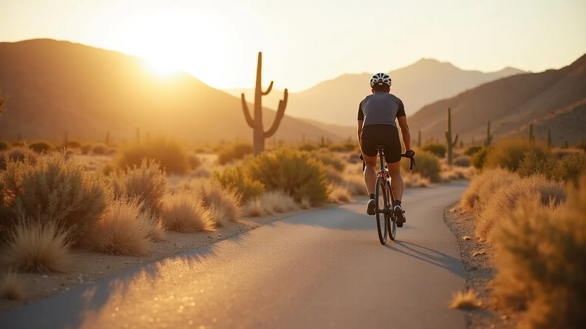Cyclist on Las Vegas desert paved trail surrounded by desert plants, morning