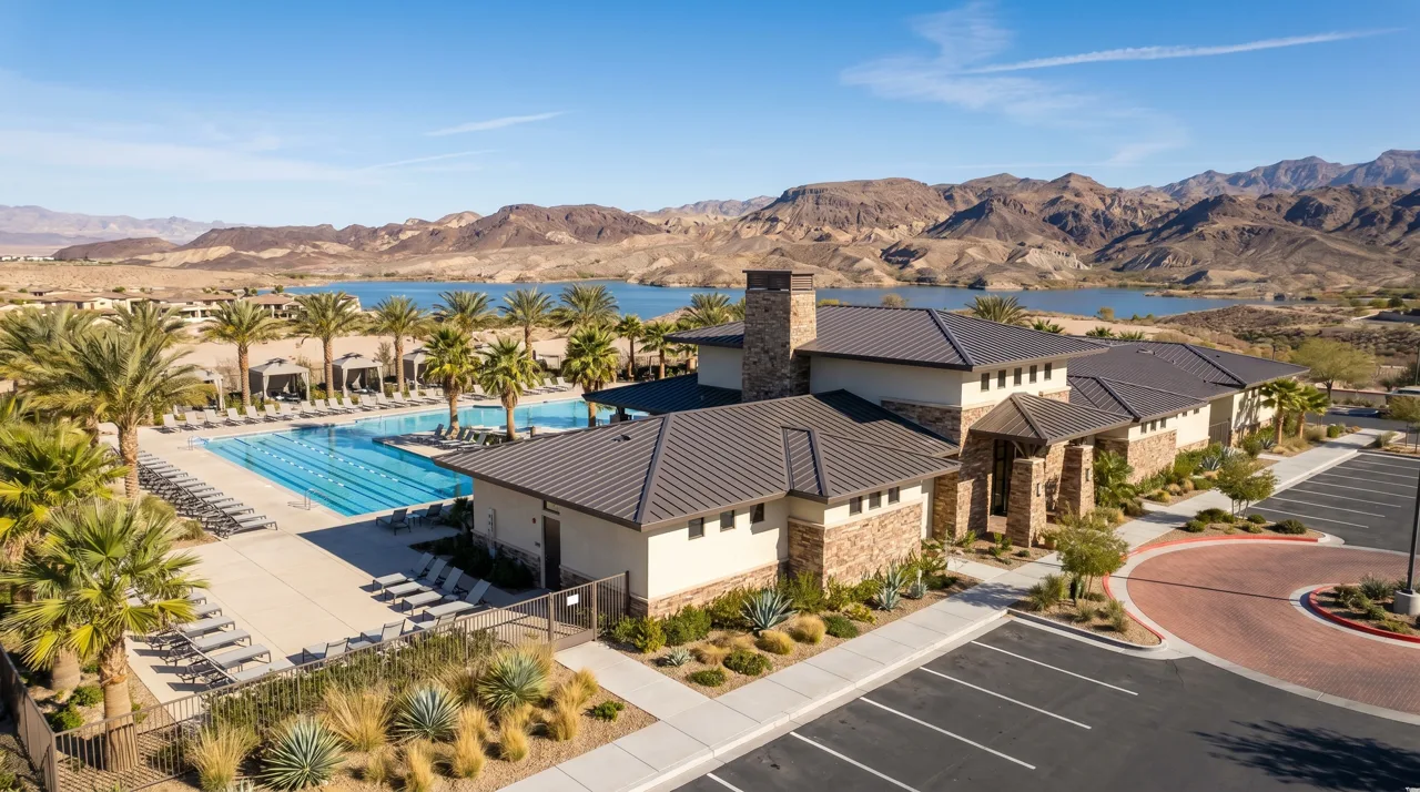 Del Webb at Lake Las Vegas community showing Mediterranean-style architecture with lake views