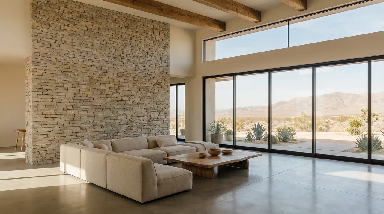 Minimalist desert contemporary great room with stacked stone accent wall and floor to ceiling windows