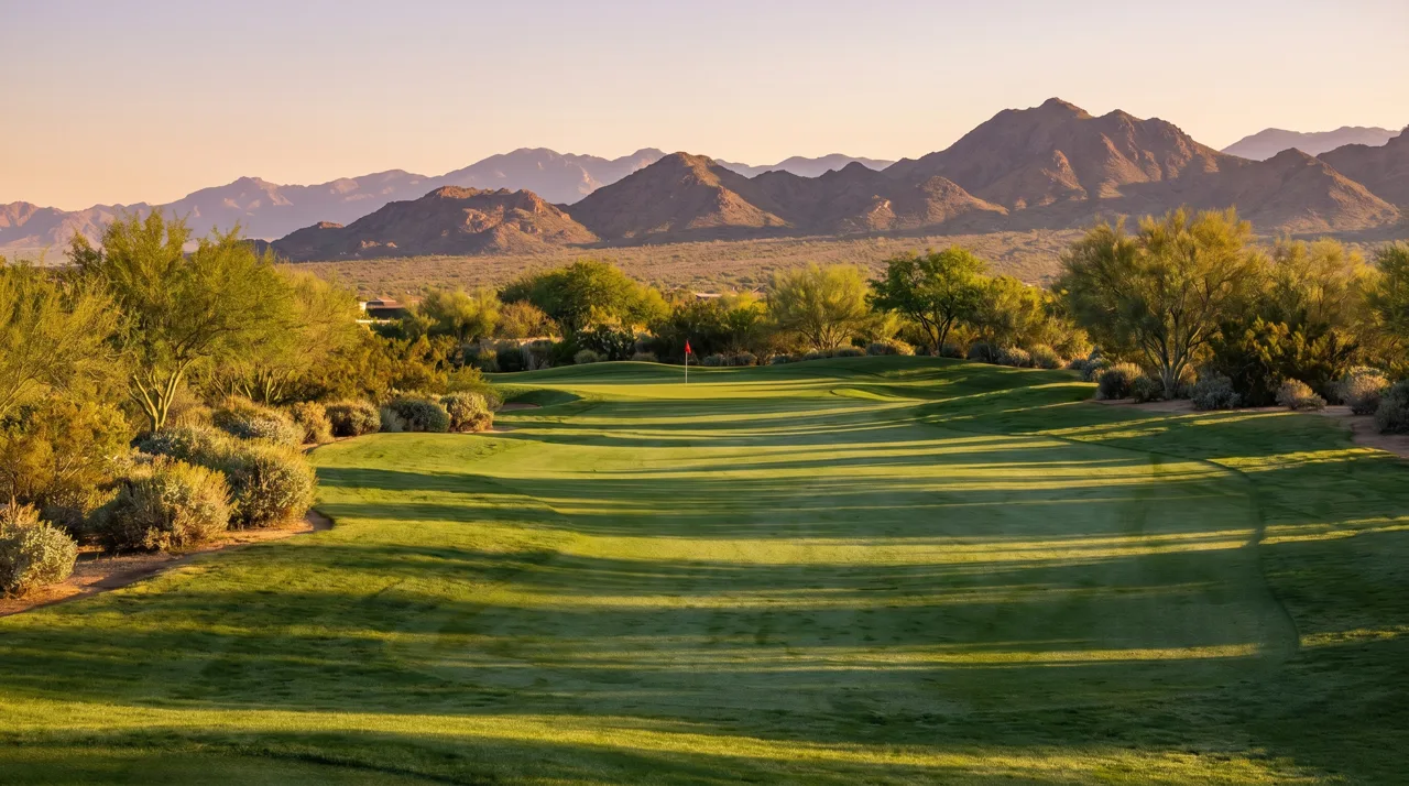 Empty desert golf course fairway at sunrise with a single flag on the green near Las Vegas