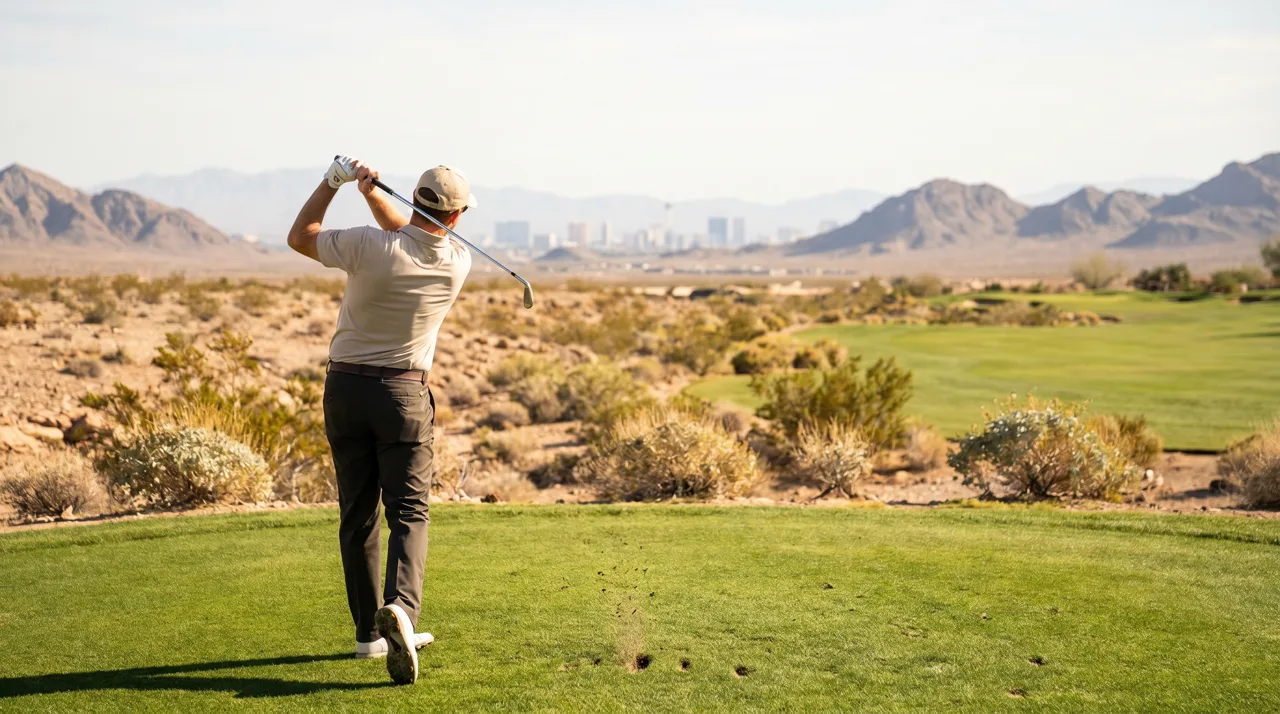 Golfer completing a swing on a Las Vegas desert golf course fairway in the afternoon
