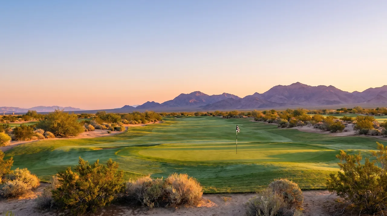 Empty desert golf course fairway and green at sunrise with mountain backdrop