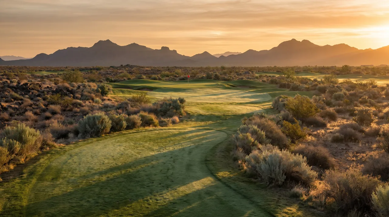 Wide view of a Las Vegas desert golf course with a flag on a green at sunrise