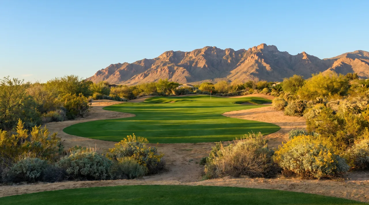 Manicured green golf course fairway lined with desert vegetation and rugged mountain backdrop