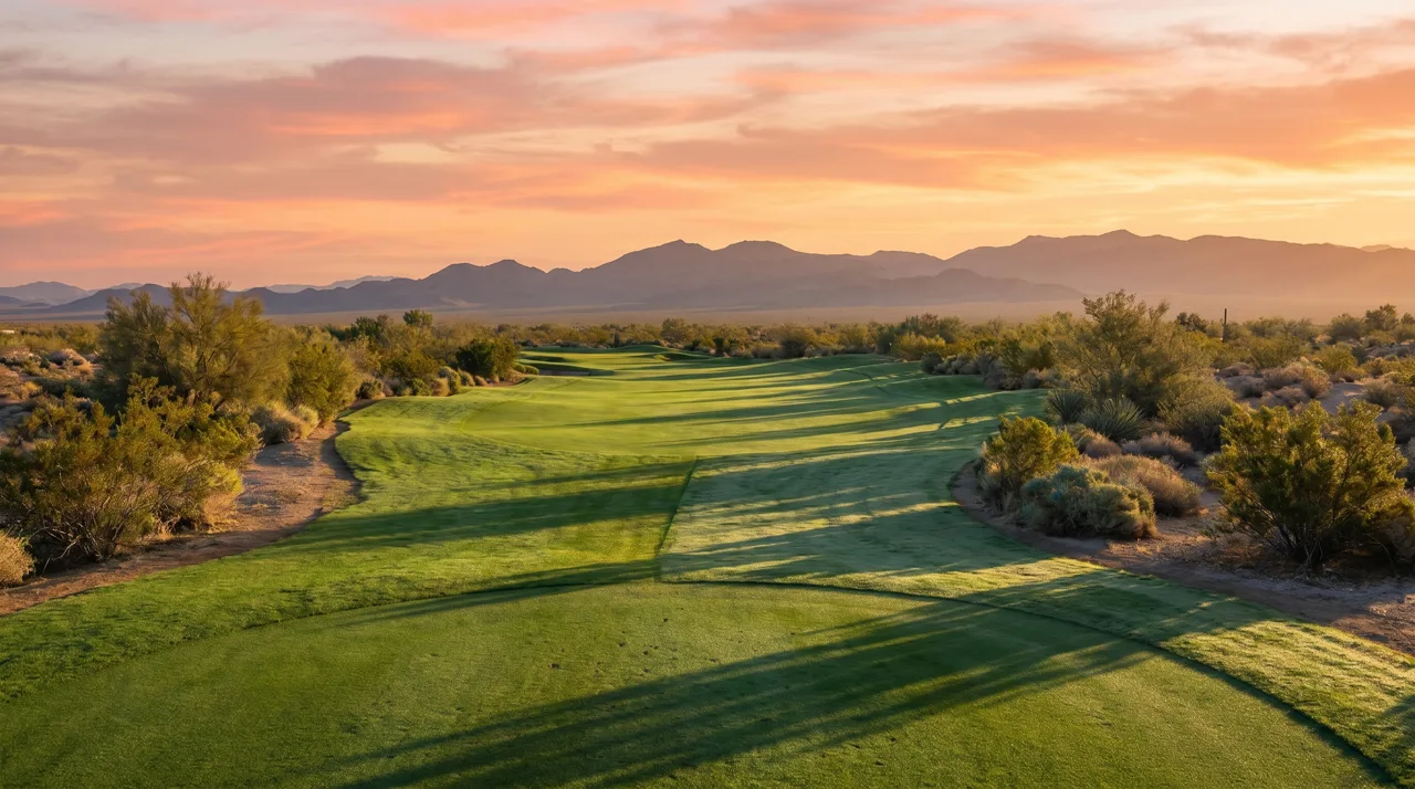 Wide golf fairway in the Las Vegas desert at sunrise with mountain backdrop