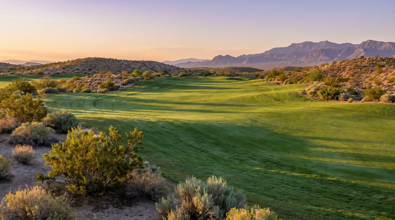 Quiet desert golf fairway at sunrise with mountains in the background near Las Vegas