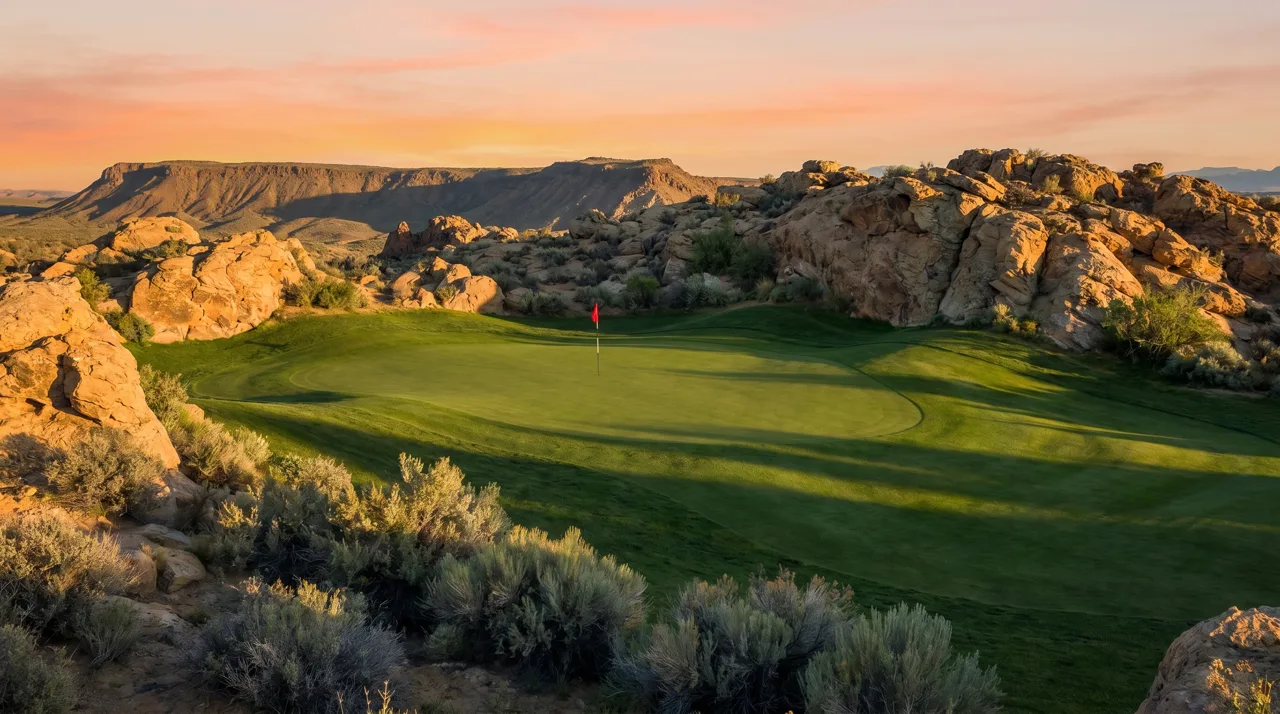 Empty manicured golf green with a single red flagstick under a warm sunset sky in the Las Vegas desert