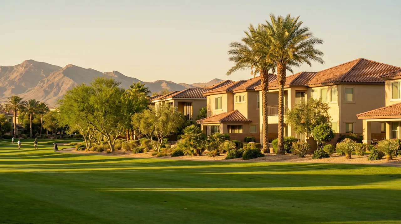 Row of stucco homes with tile roofs bordering a green golf course fairway in a Las Vegas country club community