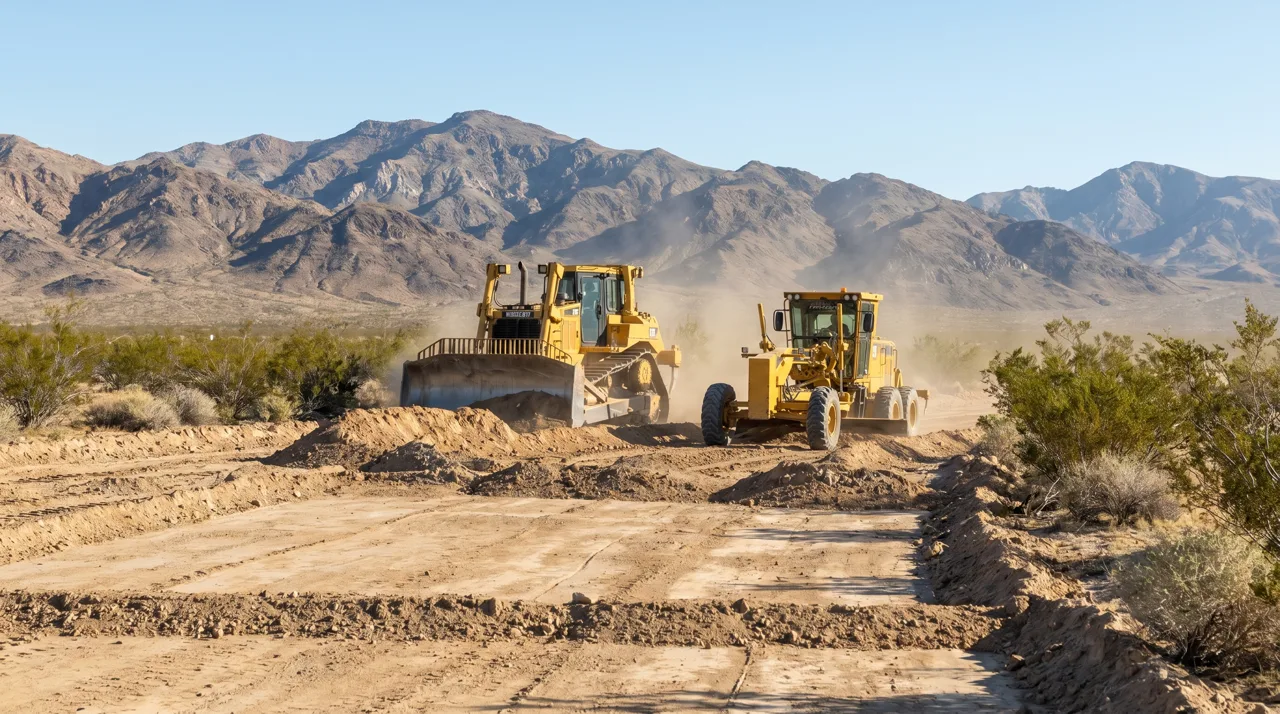 Construction equipment grading desert land for a new master-planned community with mountains in the distance