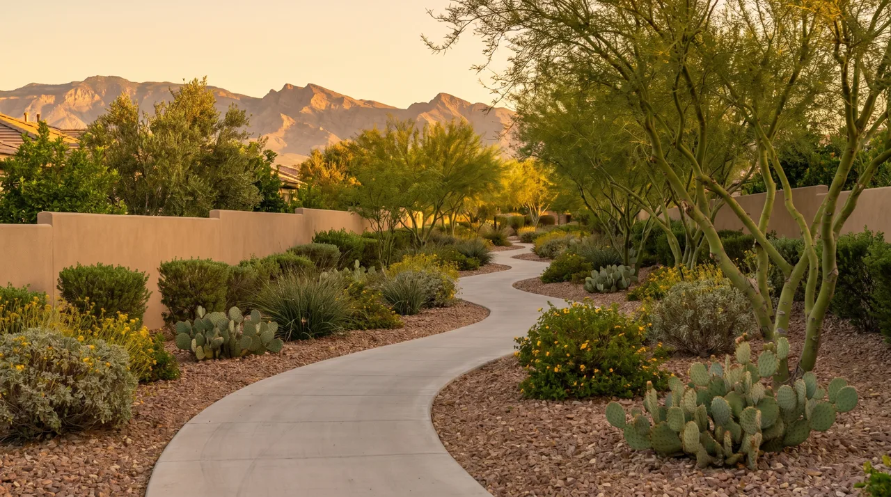 Well-maintained desert landscaping and walking path inside a Las Vegas active-adult community