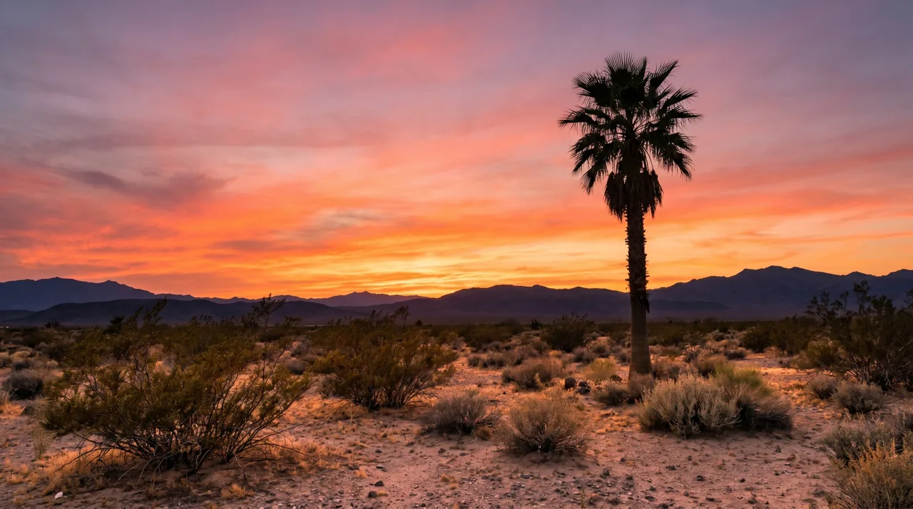 Las Vegas Mojave Desert landscape with a single palm tree silhouetted against a warm sunset sky