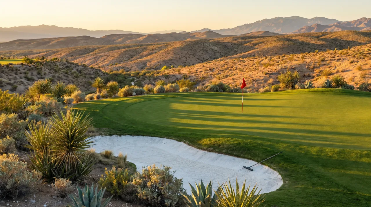 Manicured putting green with flag and sand bunker in late afternoon desert light