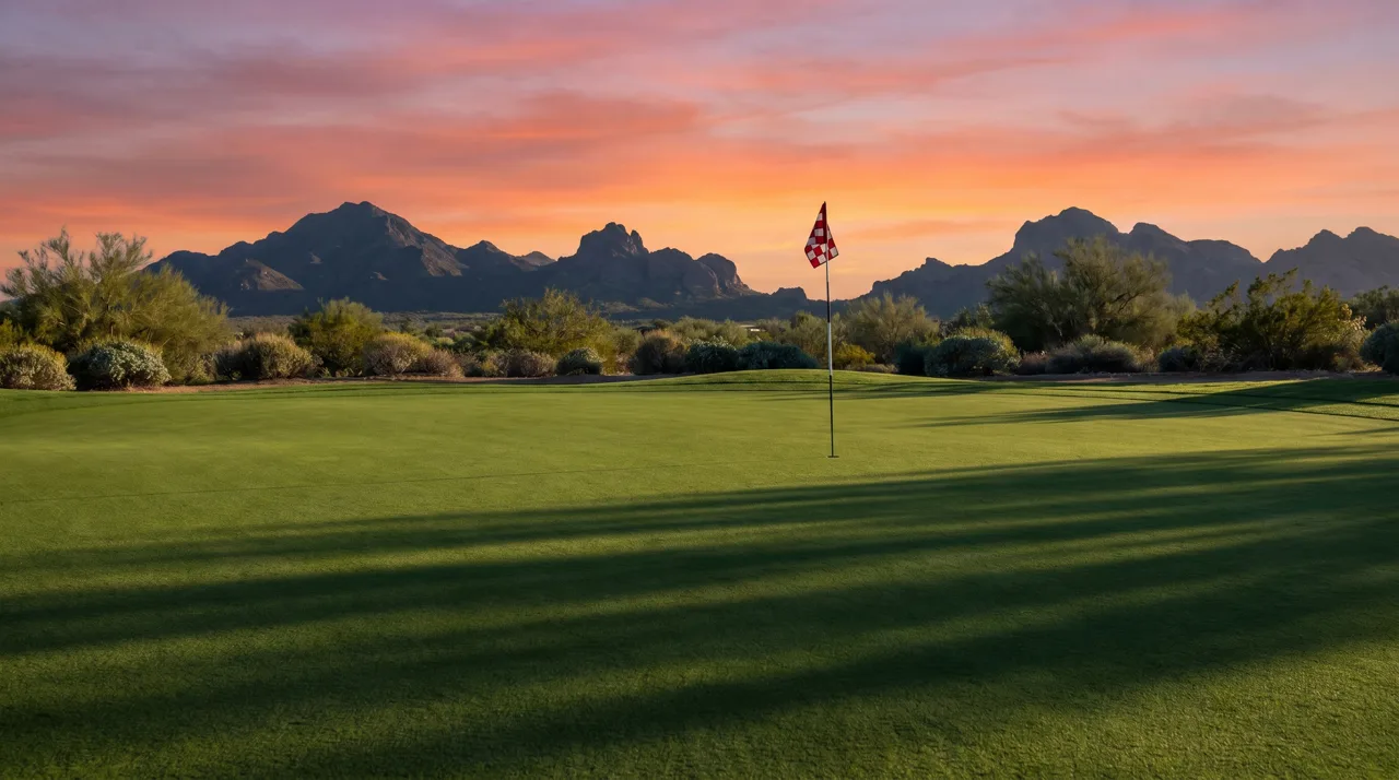 Empty desert golf course putting green with pin flag at sunset and mountains in the background