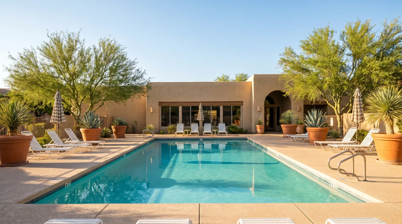 Resort-style outdoor swimming pool surrounded by desert landscaping in Las Vegas