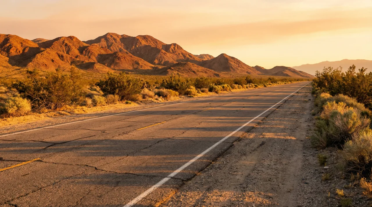 Scenic two-lane desert road leading toward rugged mountains at golden hour in the Mojave Desert