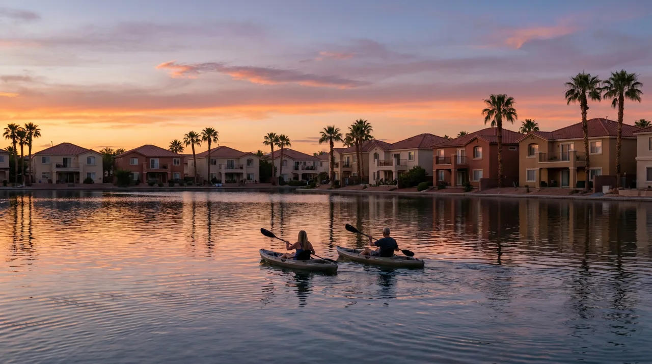 Residents kayaking on the Desert Shores lake at sunset with lakefront homes and palm trees in the background