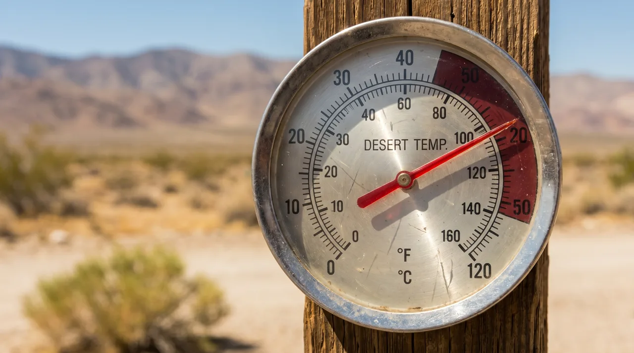 Outdoor thermometer reading extreme heat in bright desert sunlight with a Las Vegas valley backdrop