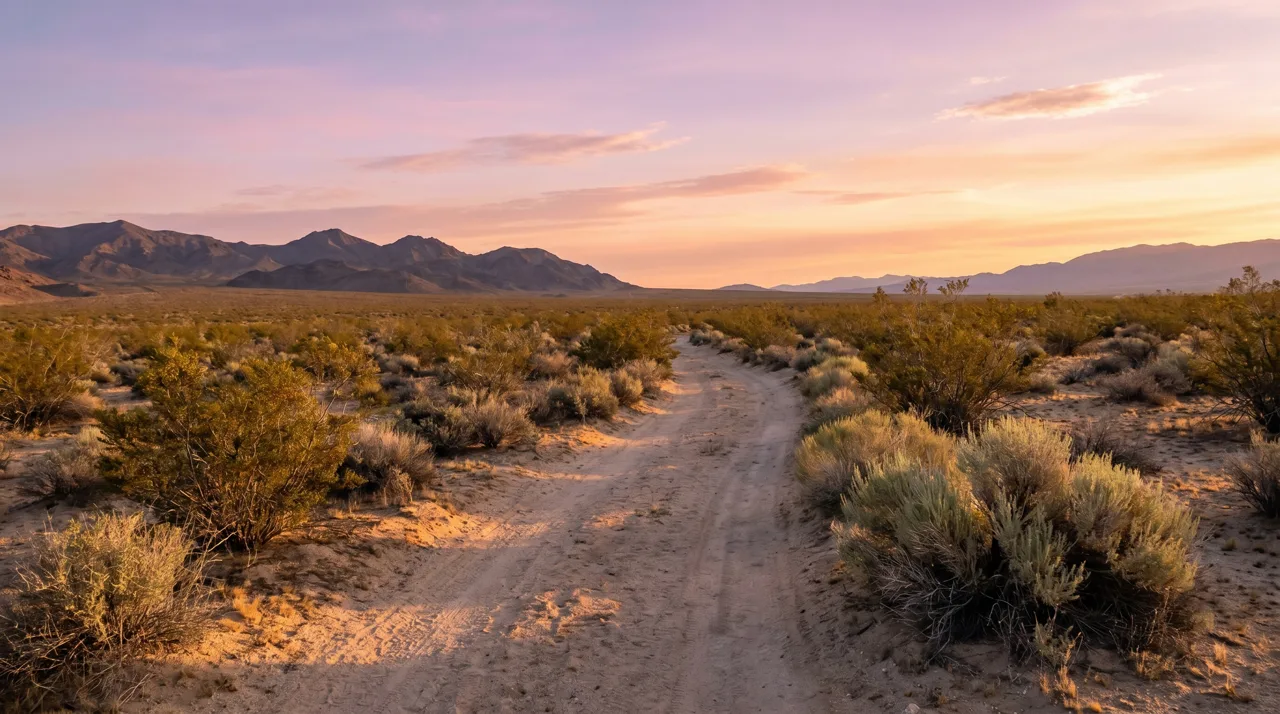 A curving desert trail at sunrise with soft pink and orange sky