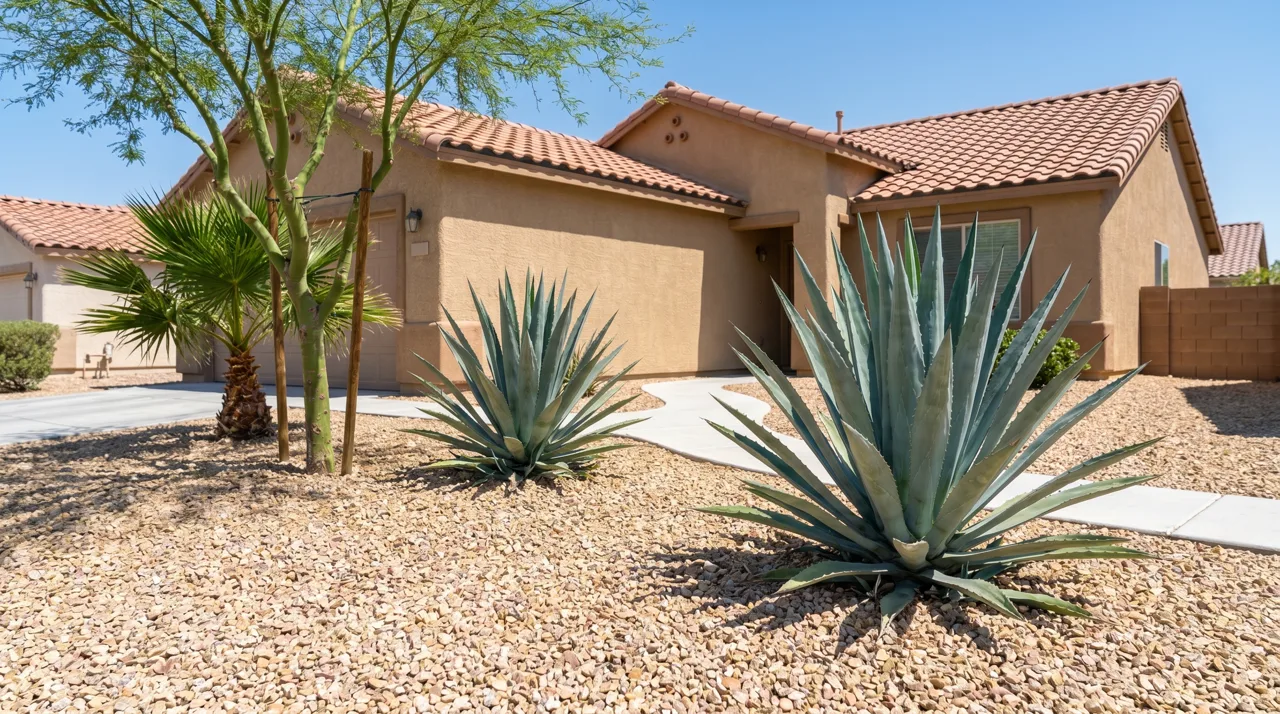 Drought-tolerant front yard landscaping with decorative gravel, agave, and a young palm tree at a Las Vegas tract home