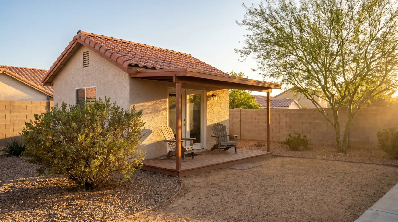A private detached casita with a covered patio in the backyard of a Las Vegas home with desert landscaping